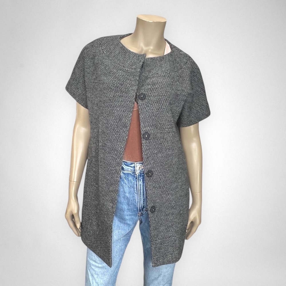 CLUB MONACO Grey & Black Herringbone Tweed 100% Wool‎ Duster Jacket Coat M